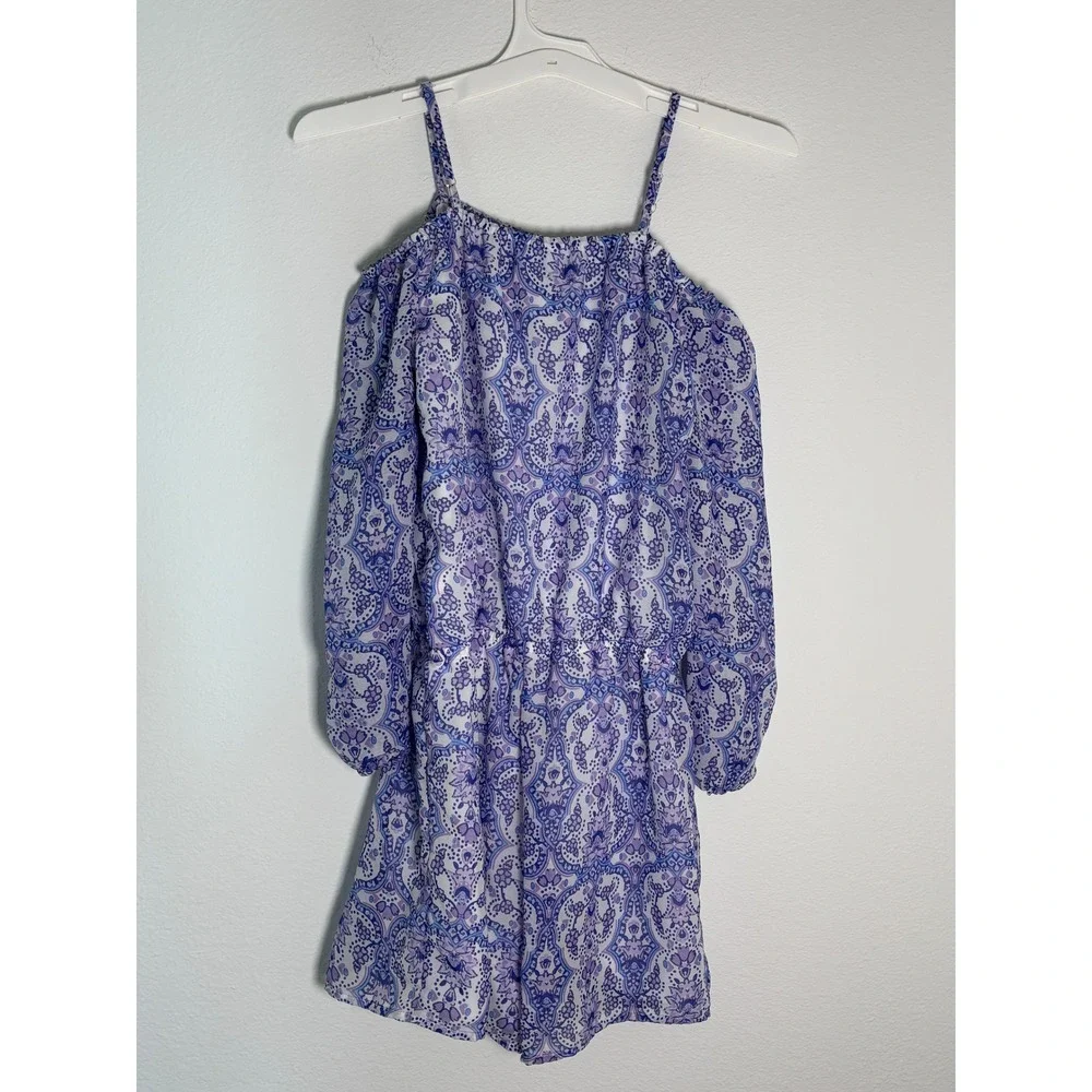 The Childrens Place Girls XL 14 Romper Purple Blue Paisley Cold Shoulder Boho‎
